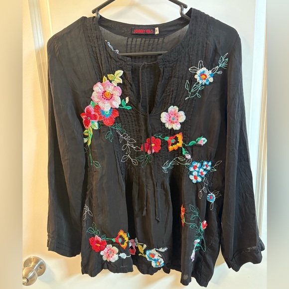 Johnny Was Black Peasant Top with Colorful Floral Embroidery Size Medium - Picture 1 of 6